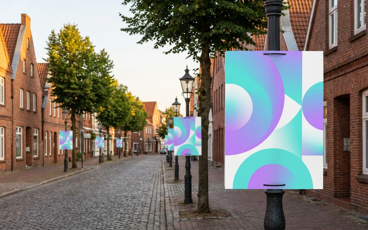 Symbolbild Plakatwerbung: Veranstaltungsplakate an den Laternen einer Kleinstadtstraße